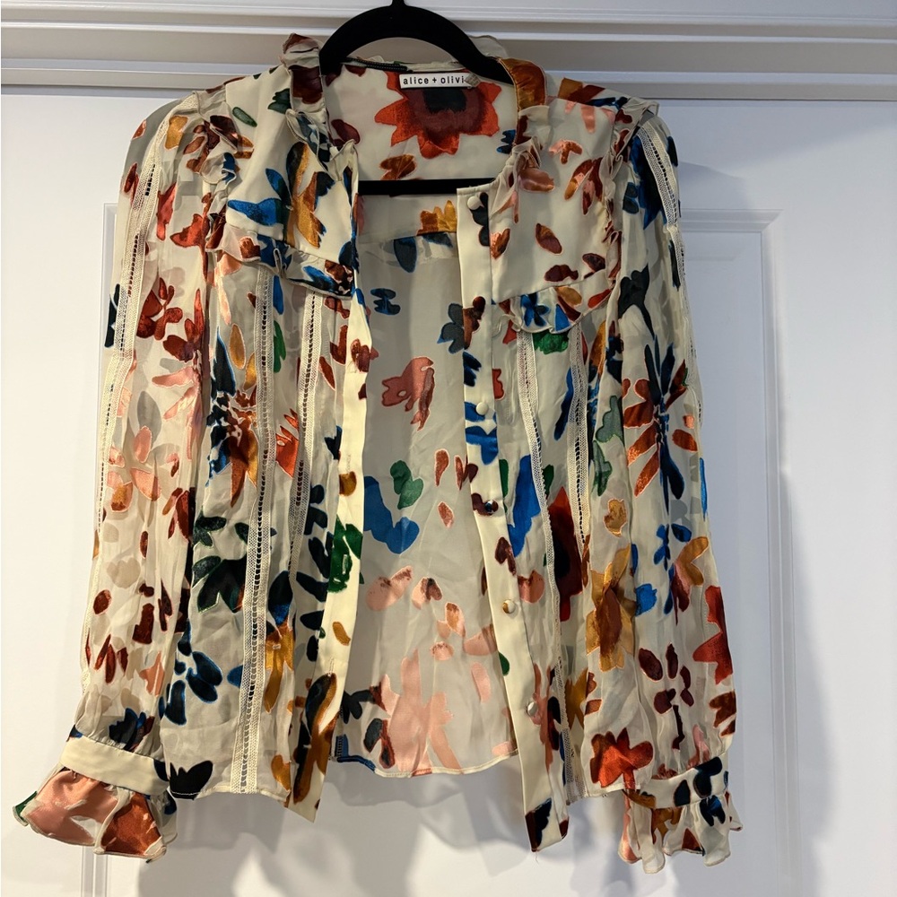 Alice + Olivia Ivory Floral Ruffle Blouse with Multicolor Print